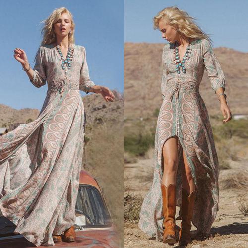 Floral Chiffon Boho Vintage Print V Neck Beach Maxi Long Dress