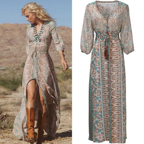 Floral Chiffon Boho Vintage Print V Neck Beach Maxi Long Dress