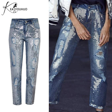 High Waist Denim Sequins Boyfriend Jeans