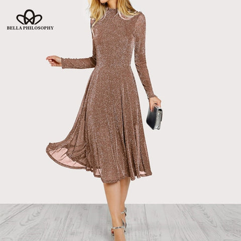 Solid Draped A-Line Shirt Dress Glitter Button Party Dress