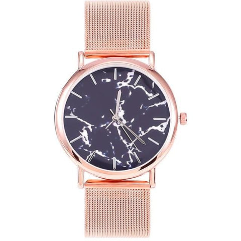 Fashion Women Watch Silver And Gold Mesh Band Creative Marble Wristwatch