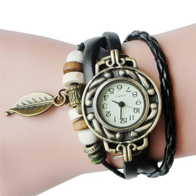 Retro Leather Winding Bracelet Leaf Pendant Watch Quartz Wrist Watches