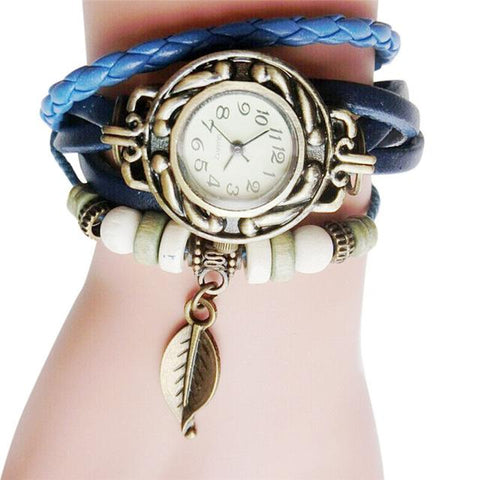 Retro Leather Winding Bracelet Leaf Pendant Watch Quartz Wrist Watches