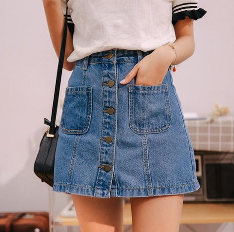 High Waist A-line Single Button Pockets Blue Jean Skirt