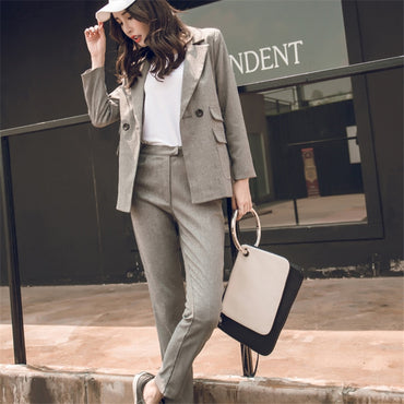 Women Suit Gray Casual Blazer & High Waist Pant Office Lady Notched