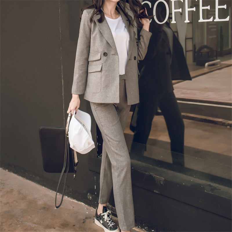 Women Suit Gray Casual Blazer & High Waist Pant Office Lady Notched