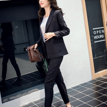Women Suit Gray Casual Blazer & High Waist Pant Office Lady Notched