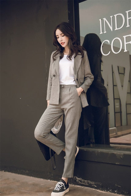 Women Suit Gray Casual Blazer & High Waist Pant Office Lady Notched